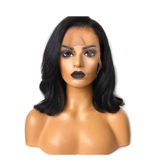 A photo of a ready to ship or pre constructed Indian hair wig with glueless HD lace and raw Indian hair, styled in curled bob