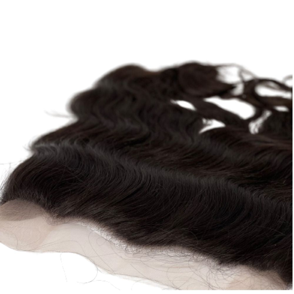 A photo of 100% HD raw wavy Indian hair frontal unprocessed, unbleached, and uncolored