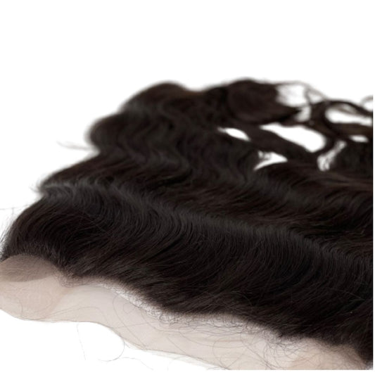 A photo of 100% HD raw wavy Indian hair frontal unprocessed, unbleached, and uncolored