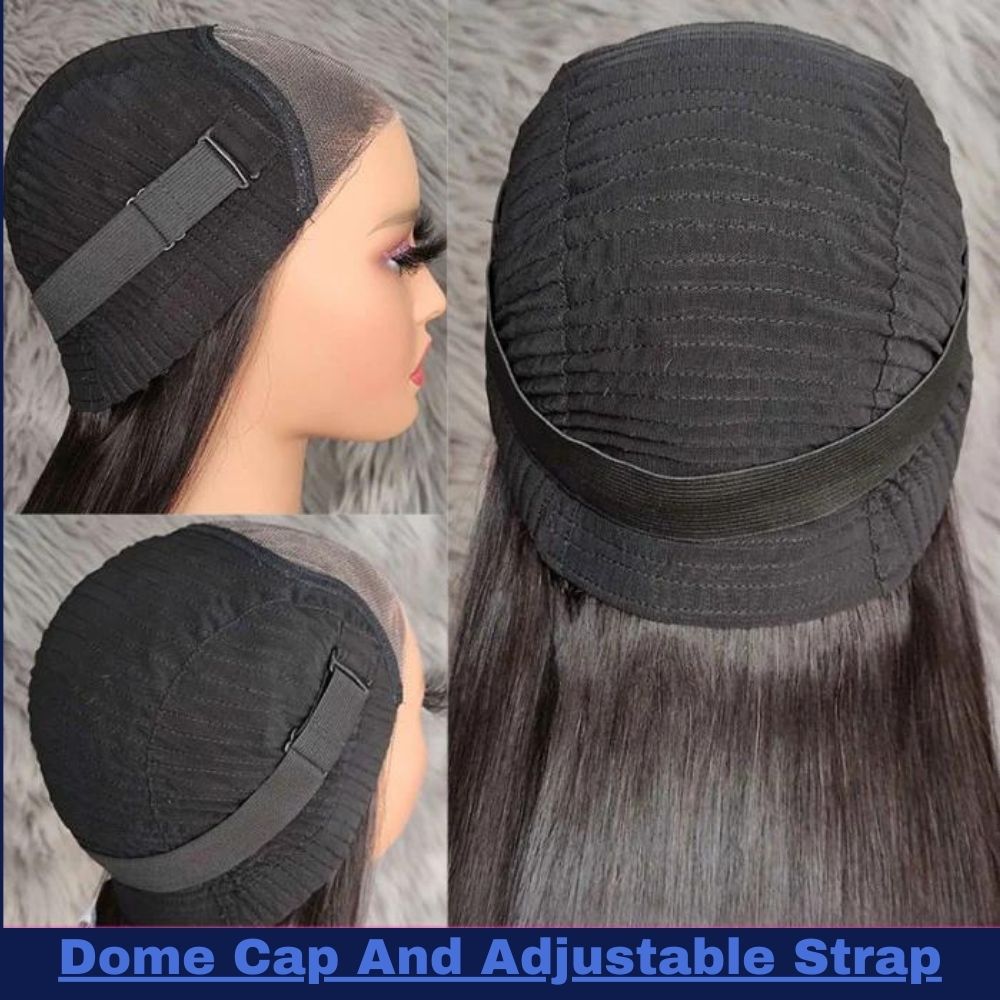 A photo of the inside of a ready to ship or pre constructed Indian hair wig with glueless HD lace and raw Indian hair, styled in sleek and straight with layers. The wig comes with a 100% HD lace and an adjustable elastic strap